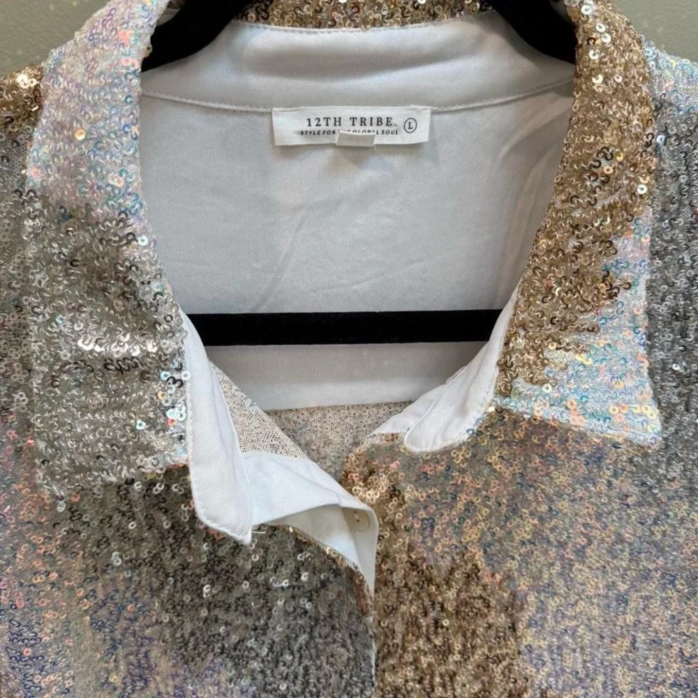 12th Tribe Sequin Button Up Shirt Large Gold Silver Party Top - Picture 5 of 8